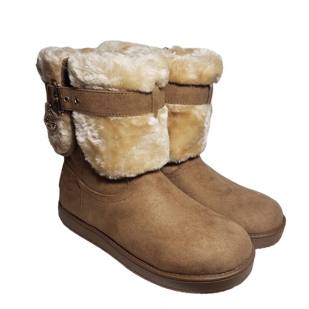G by Guess Adlea Medium Brown Fabric Boots with Faux Fur Lining Sz 5M